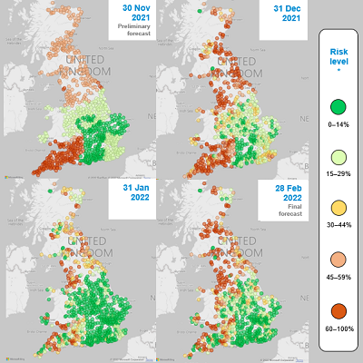 Four UK maps showing how forecast light leaf spot risk changed over the winter (2021–22)